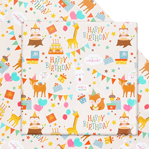 Birthday Wrapping Paper for Baby Kids Boys Girls, Animals Party Design Gift Wrapping Paper, Cute Animals 7 Sheets Folded Flat 20x28 inches per Sheet for Baby Shower Birthday Party