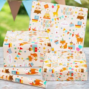 Birthday Wrapping Paper for Baby Kids Boys Girls, Animals Party Design Gift Wrapping Paper, Cute Animals 7 Sheets Folded Flat 20x28 inches per Sheet for Baby Shower Birthday Party