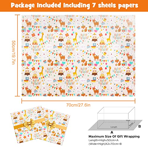 Birthday Wrapping Paper for Baby Kids Boys Girls, Animals Party Design Gift Wrapping Paper, Cute Animals 7 Sheets Folded Flat 20x28 inches per Sheet for Baby Shower Birthday Party