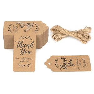 thank you for celebrating with us tags, 100pcs paper gift tags with natural jute twine perfect for wedding,baby shower and party decoration (brown)