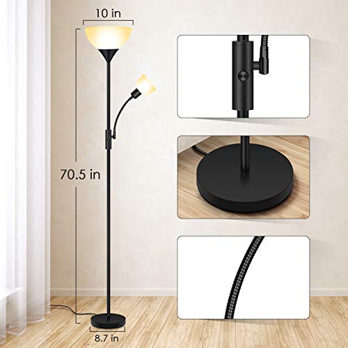 BoostArea Floor Lamp, Standing Lamp, 9W LED Torchiere Floor Lamp with 4W Adjustable Reading Lamp, 3000K Energy-Saving LED Bulbs, 3 Way Switch, 50,000hrs Lifespan, Floor Lamps for Living Room, Office