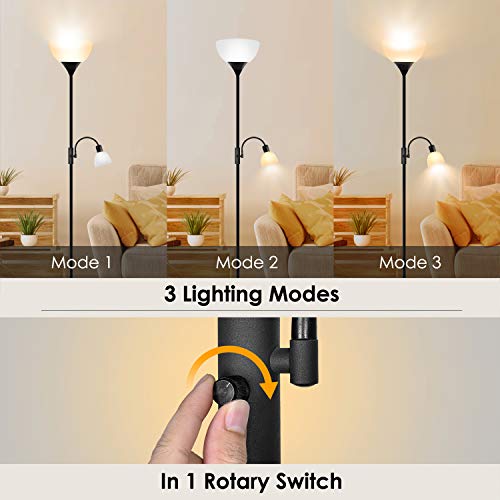 BoostArea Floor Lamp, Standing Lamp, 9W LED Torchiere Floor Lamp with 4W Adjustable Reading Lamp, 3000K Energy-Saving LED Bulbs, 3 Way Switch, 50,000hrs Lifespan, Floor Lamps for Living Room, Office