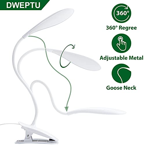 DWEPTU LED Desk Lamp Eye-Caring Clamp Light Clamp Lamps Reading Lights with USB Port, 360°Flexible Gooseneck Bed Night Light (Include AC Power Plug)