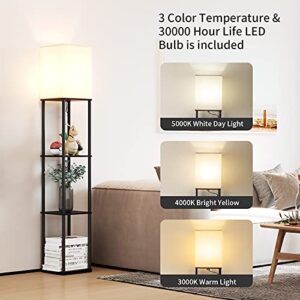 SUNMORY Floor Lamp with Shelves, Modern Square Standing Lamp with 3 Color Temperature Bulb, Corner Display Bookshelf Lamp for Living Room and Bedroom(Black)