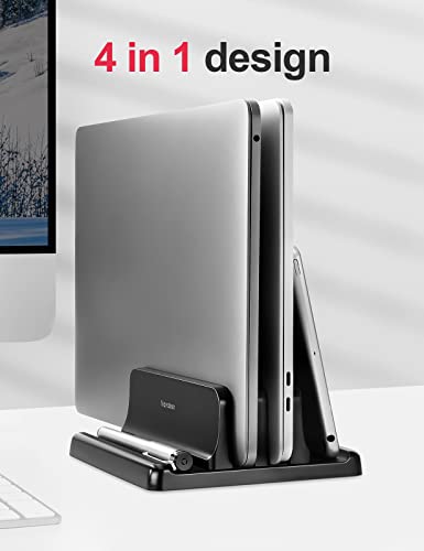 Vaydeer Plastic Dual-Slot Adjustable Vertical Laptop Stand 4 in 1 Design Space-Saving for All MacBook, Chromebook, Surface, Dell, iPad Up to 17.3 Inches - Black