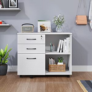 Wood File Cabinet, 3 Drawer Mobile Lateral Filing Cabinet On Wheels, Printer Stand with Open Storage Shelves for Home Office(White)