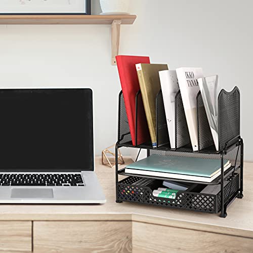 Simple Trending-Mesh Desk Organizer with Sliding Drawer, Double Tray with 5 Sections File Bookshelf, Black