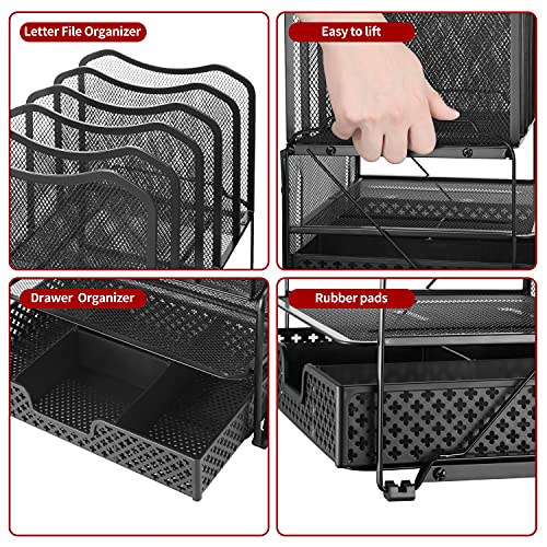 Simple Trending-Mesh Desk Organizer with Sliding Drawer, Double Tray with 5 Sections File Bookshelf, Black