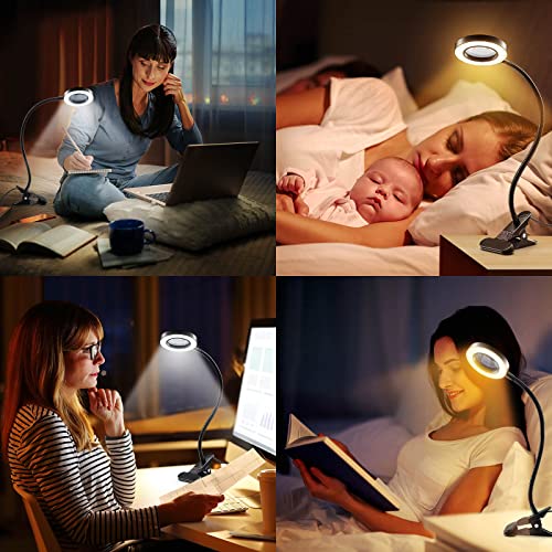 Magnifying Glass with Light 5X, 9w Clip on Light, 48 LED Desk Lamp wtih Clamp Light, 3 Modes Dimmable Magnifying Lamp, LED Desk Light, Clamp Lamp, Clip on Lamps for Bed Desk Work Crafts Workbench