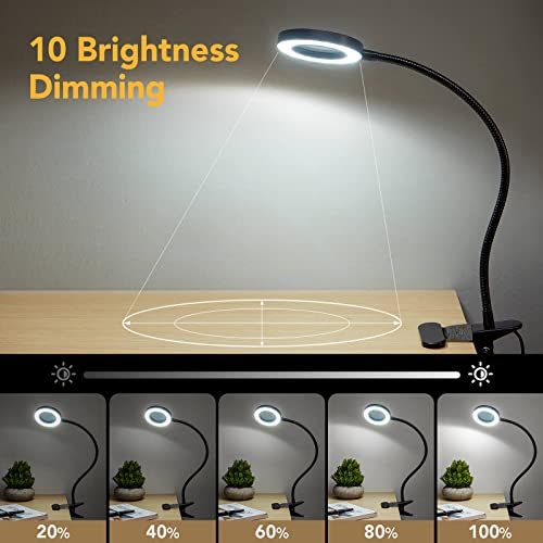 Magnifying Glass with Light 5X, 9w Clip on Light, 48 LED Desk Lamp wtih Clamp Light, 3 Modes Dimmable Magnifying Lamp, LED Desk Light, Clamp Lamp, Clip on Lamps for Bed Desk Work Crafts Workbench