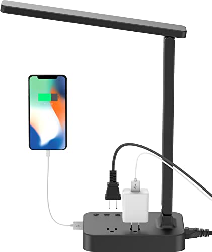 Drevet LED Desk Lamp, Desk Light with 1 USB Charging Port and 2 AC Power Outlet, 3 Lighting Modes, 3 Level Brightness,1H Timer, Touch Control, Eye-Caring Home Office Foldable Table Lamp (Black)