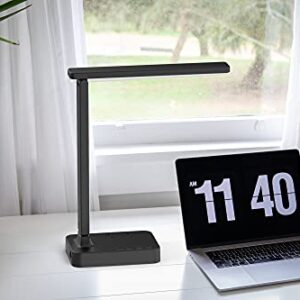 Drevet LED Desk Lamp, Desk Light with 1 USB Charging Port and 2 AC Power Outlet, 3 Lighting Modes, 3 Level Brightness,1H Timer, Touch Control, Eye-Caring Home Office Foldable Table Lamp (Black)