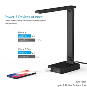 Drevet LED Desk Lamp, Desk Light with 1 USB Charging Port and 2 AC Power Outlet, 3 Lighting Modes, 3 Level Brightness,1H Timer, Touch Control, Eye-Caring Home Office Foldable Table Lamp (Black)