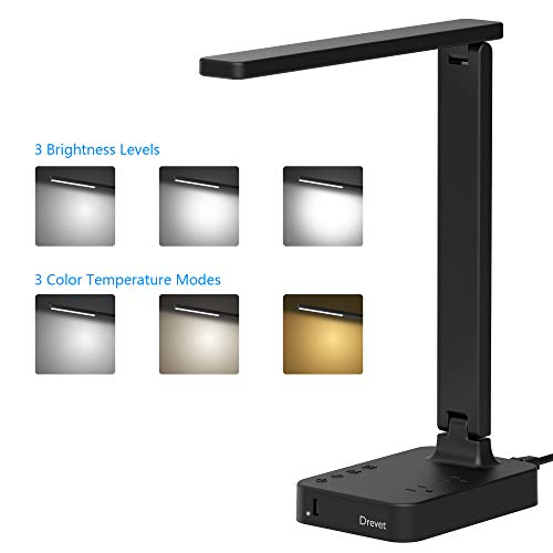 Drevet LED Desk Lamp, Desk Light with 1 USB Charging Port and 2 AC Power Outlet, 3 Lighting Modes, 3 Level Brightness,1H Timer, Touch Control, Eye-Caring Home Office Foldable Table Lamp (Black)