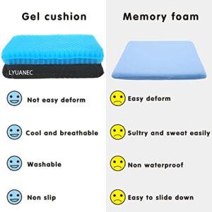 Gel Seat Cushion 2.4 Inch Thick, Double Thicken Layer, Relief Tailbone Pressure, Breathable Honeycomb Design Gel Cushion with Washable Non-Slip Cover for Office Chair, Car Seat, Wheelchair (Blue)