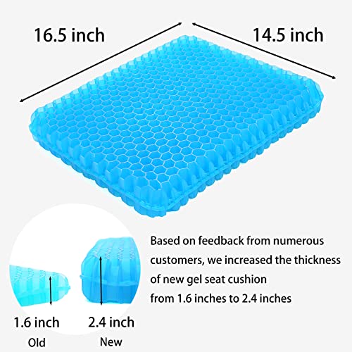 Gel Seat Cushion 2.4 Inch Thick, Double Thicken Layer, Relief Tailbone Pressure, Breathable Honeycomb Design Gel Cushion with Washable Non-Slip Cover for Office Chair, Car Seat, Wheelchair (Blue)