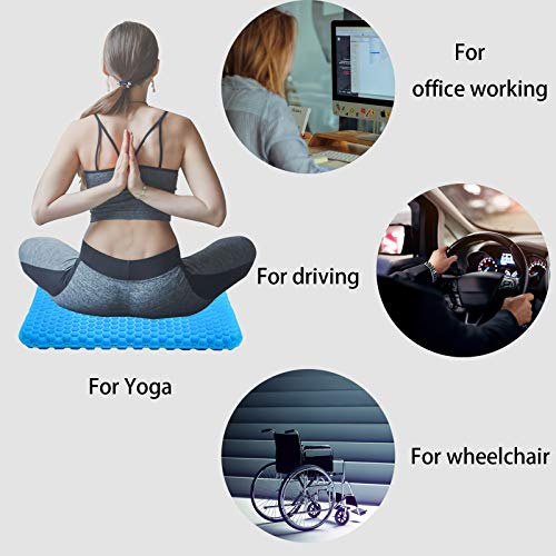 Gel Seat Cushion 2.4 Inch Thick, Double Thicken Layer, Relief Tailbone Pressure, Breathable Honeycomb Design Gel Cushion with Washable Non-Slip Cover for Office Chair, Car Seat, Wheelchair (Blue)