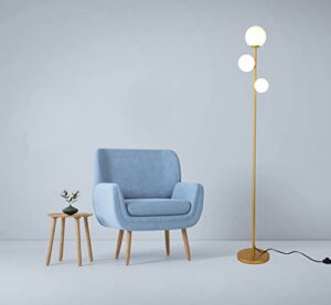 3 globe mid century modern floor lamp for living room, contemporary gold floor lamp with frosted glass shade and bulbs included, led standing tall pole lamp for bedrooms, office – antique brass