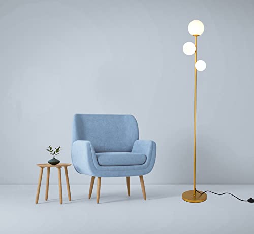 3 Globe Mid Century Modern Floor Lamp for Living Room, Contemporary Gold Floor Lamp with Frosted Glass Shade and Bulbs Included, LED Standing Tall Pole Lamp for Bedrooms, Office - Antique Brass