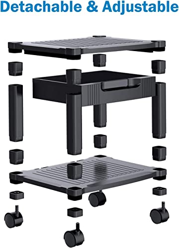 HUANUO Printer Stand - Under Desk Printer Stand with Cable Management & Storage Drawers, Height Adjustable Printer Desk with 4 Wheels & Lock Mechanism for Mini 3D Printer HNDPS