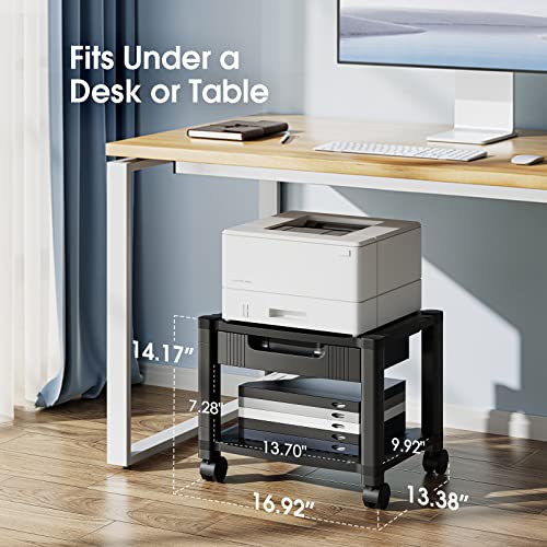 HUANUO Printer Stand - Under Desk Printer Stand with Cable Management & Storage Drawers, Height Adjustable Printer Desk with 4 Wheels & Lock Mechanism for Mini 3D Printer HNDPS