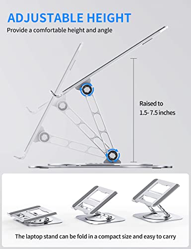 AOEVI Adjustable Laptop Stand with 360 Rotating Base, Computer Stand for Laptop Ergonimic Foldable Laptop Riser for Desk Compatible with MacBook Pro/Air Notebook up to 16 Inches, Silver