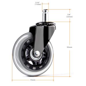 Office Chair Caster Wheels - 3" Rollerblade Rubber Replacement Chair Casters - Best Protection for Your Hardwood Floors No More Chair Mat Needed - Universal Fit,Smooth & Silent