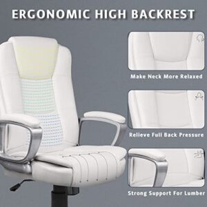 LEMBERI Office Desk Chair, Managerial Executive Chair, Big and Tall High Back Computer Chair, Ergonomic Adjustable Height PU Leather Chairs with Cushions Armrest for Long Time Seating (White)