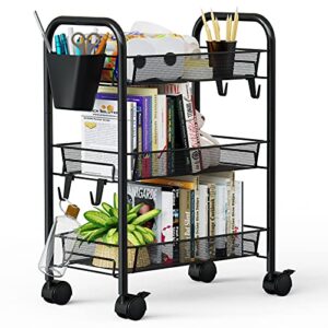 greensen 3 tier all-metal rolling cart, laundry office bathroom storage organizer cart with wheels, easy-carry and assembly mesh trolley cart with practical bucket and hooks, slide-out narrow shelf