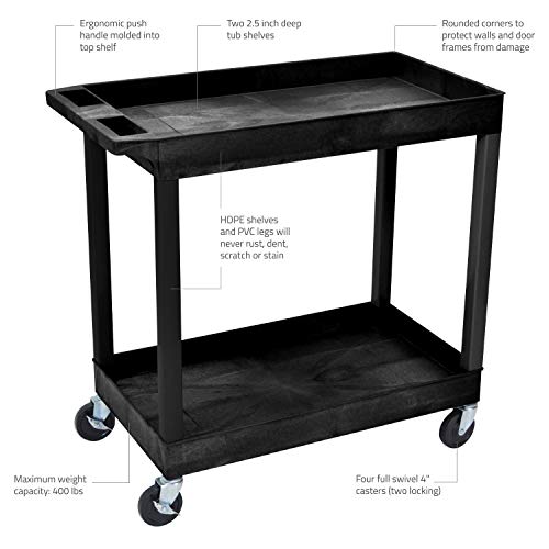 Offex 32" x 18" Mobile Multipurpose Utility Tub Cart with 2 Shelves and Push Handle - Black, Great for Warehouse, Garage and More