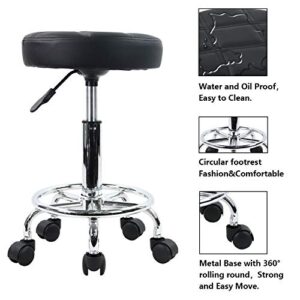KKTONER Round Rolling Stool Chair PU Leather Height Adjustable Swivel Drafting Work SPA Shop Salon Stools with Wheels Office Chair Small (Black)