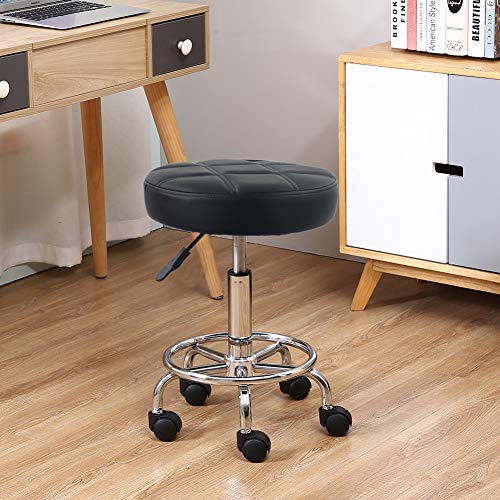 KKTONER Round Rolling Stool Chair PU Leather Height Adjustable Swivel Drafting Work SPA Shop Salon Stools with Wheels Office Chair Small (Black)