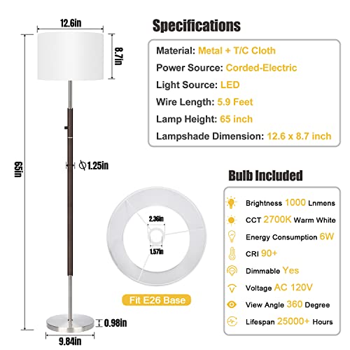 【Upgraded】 Dimmable Floor Lamp, 1000 Lumens LED Bulb Included, Floor Lamps for Living Room Simple Standing Lamp with White Lamp Shade, Modern Tall Lamps for Living Room Bedroom Office Dining Room