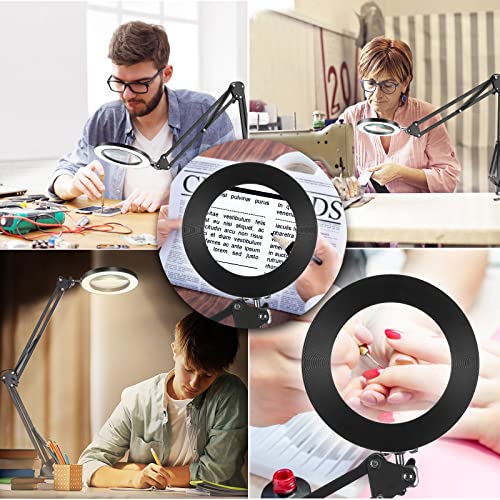 5X Magnifying Glass with Light, Lighted Magnifying Glass Magnifying Lamp 3 Color Modes Stepless Dimmable 8-Diopter Real Glass Lens Magnifier with Light Desk Lamp Clamp Swivel Arm for Crafts Workbench