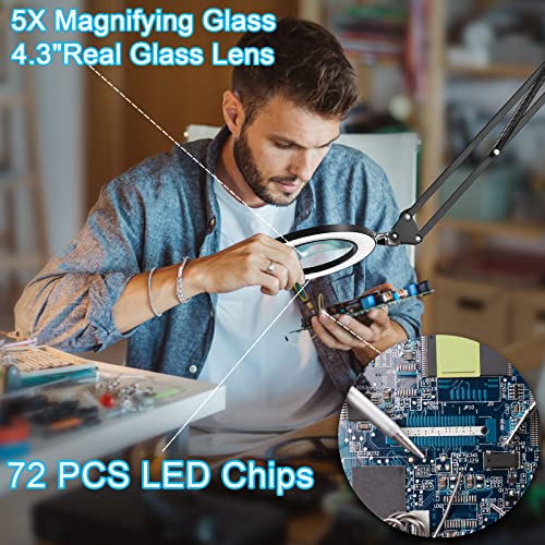 5X Magnifying Glass with Light, Lighted Magnifying Glass Magnifying Lamp 3 Color Modes Stepless Dimmable 8-Diopter Real Glass Lens Magnifier with Light Desk Lamp Clamp Swivel Arm for Crafts Workbench
