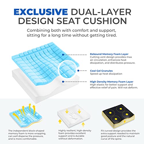 4 Inch Extra Thick Seat Cushion, Dual Layer Memory Foam Chair Cushions, Comfort Seat Cushions for Office Chair, Butt Back Pain Sciatica Coccyx Relief, Strong Support & Sit Longer Not Tired