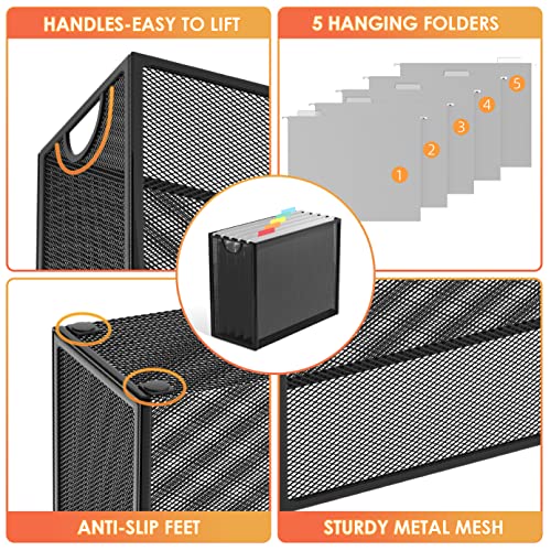 Sinboun Hanging File Organizer Letter-Size File Holder Filing Box Includes 5 Hanging Folders - Metal Mesh Magazine Book Letter Storage Cabinets File Cart for Office Home School, No Assembly Required