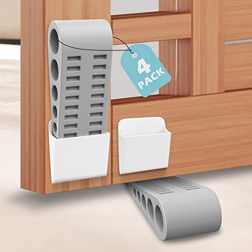 Door Stoppers for Bottom of Door - 4 Pack Rubber Security Wedge Stackable Heavy Duty Door Stop with Holder for Home Office Classroom on Carpet, Concrete, Linoleum & Wood House Warming Gifts New Home