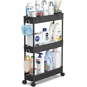 spacelead slim storage cart,3 tier bathroom rolling utility cart storage organizer slide out cart, mobile shelving unit organizer trolley for office bathroom kitchen laundry room narrow places, black