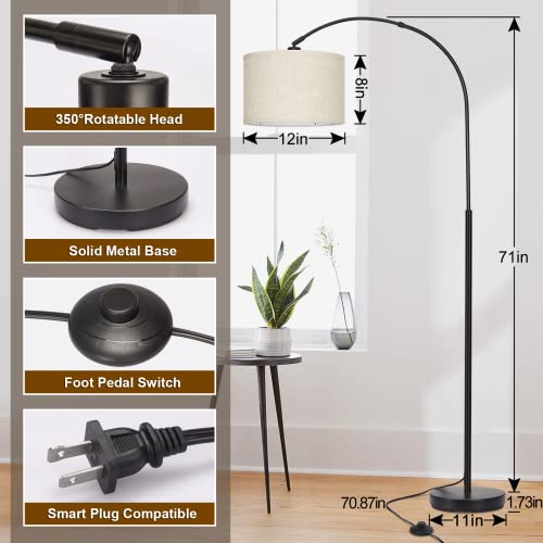 Arc Floor Lamps for Living Room, Modern Standing Lamp with Adjustable Hanging Drum Shade, Tall Pole Lamp with Foot Switch, Over Couch Arched Reading Light for Bedroom, Office (Black)