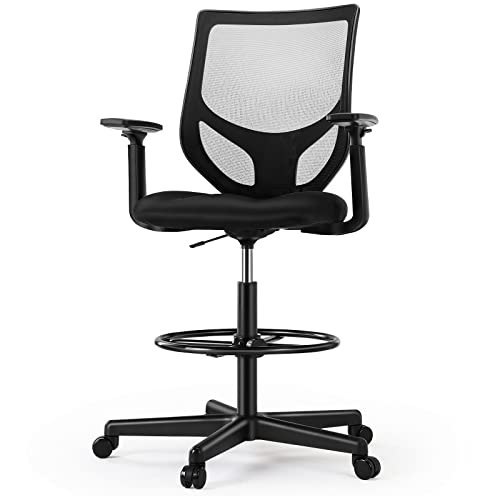 JHK Drafting Tall Home Office Standing Desk Adjustable Foot Ring and Armrest, Mid Back Mesh Computer Executive Task Chair with Ergonomic Lumbar Support for Adult, Black