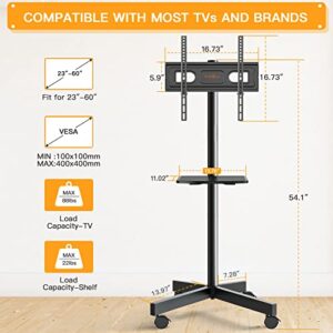 Mobile TV Cart on Wheels for 23 to 60-inch LED Flat Screen/Curved TVs Tilting TV Stand with Height Adjustable Shelf Max VESA 400x400mm Rolling Floor TV Trolley Holds up to 88lbs