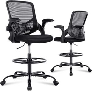 tall office chair, drafting chair, standing desk chair, high adjustable office mesh chair, ergonomic counter height computer rolling chair with flip-up armrests and foot-ring for bar height desk