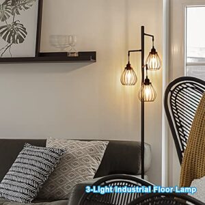 Lakumu Industrial Floor Lamp for Living Room, Tree Floor Lamp with 3 Elegant Teardrop Cage Heads & ST58 Edison LED Bulbs, Sturdy Base Tall Vintage Pole Light Great for Farmhouse Rustic Bedroom Office