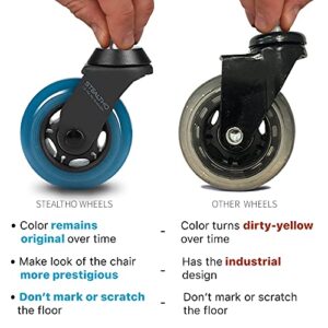 STEALTHO Patented Replacement Office Chair Caster Wheels Set of 5 - Protect Your Floor - Quick & Quiet Rolling Over Cables - No More Chair Mat Needed - Blue Polyurethane - Standard Stem 7/16 inch