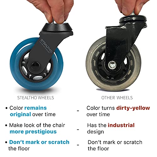 STEALTHO Patented Replacement Office Chair Caster Wheels Set of 5 - Protect Your Floor - Quick & Quiet Rolling Over Cables - No More Chair Mat Needed - Blue Polyurethane - Standard Stem 7/16 inch