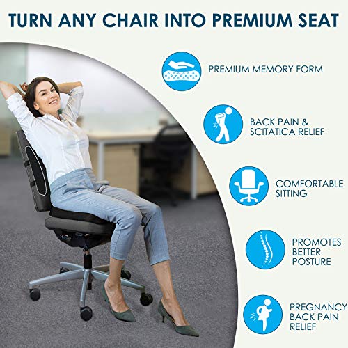 Coccyx Seat Cushion and Lumbar Support Pillow for Office Chair-Gel Infused,Orthopedic Car Seat Cushion Memory Foam Back Support Cushion for Lower Back Pain,Tailbone & Sciatica Pain Relief Black