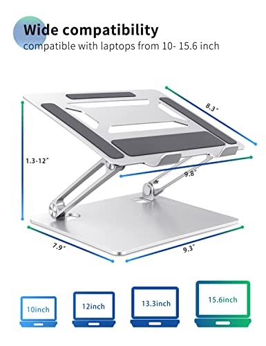 SOUNDANCE Laptop Stand for Desk with Stable Heavy Base, Adjustable Height Multi-Angle, Ergonomic Metal Riser Holder, Foldable Mount Elevator, Compatible with 10 to 15.6 Inches PC Computer, Silver