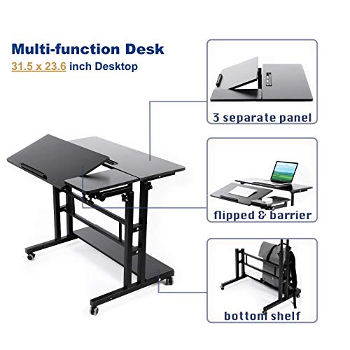 Zytty Portable Standing Desk, Small Standing Desk with Wheels Standing Laptop Desk Mobile Standing Desk for Home Office Adjustable Standing Desk, Stand Up Computer Desk Rolling Laptop Cart, Black