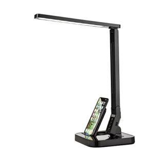 fugetek led desk table lamp, 14w, 530 lumens, wireless charger & usb charging port, dimmable eye-caring, 5 brightness & 4 light modes, adjustable arms, touch control, auto sleep timer